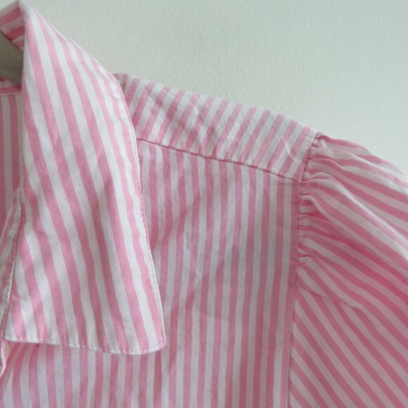 J. CREW Collared Puff Sleeve Mini Shirt Dress Striped Cotton Pink White Preppy - Picture 7 of 16